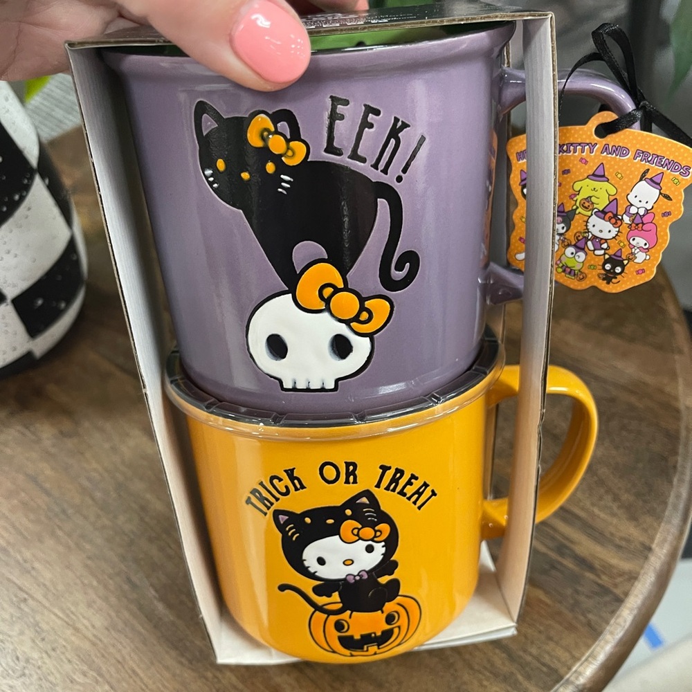 Sanrio Hello Kitty Halloween Cat Costume & Black Cat Ceramic Coffee Mug NWT